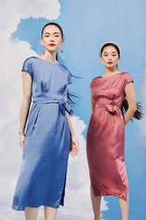 Cap Sleeve Midi Dress in Pure Silk with Waist Tie Detail